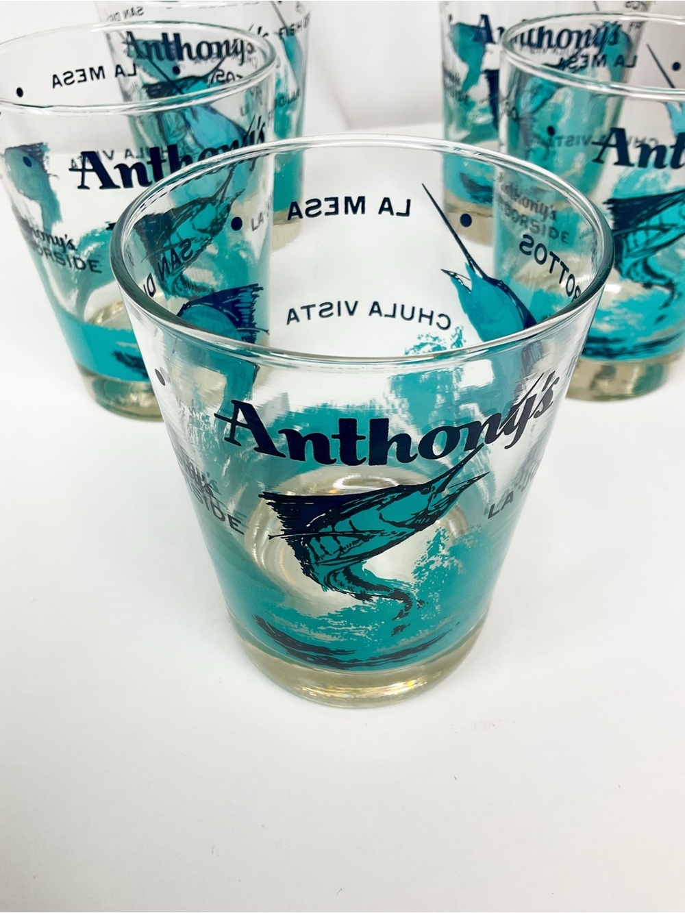 VINTAGE Anthony's Branded Blue Marlin Cocktail Glasses - Set of 5